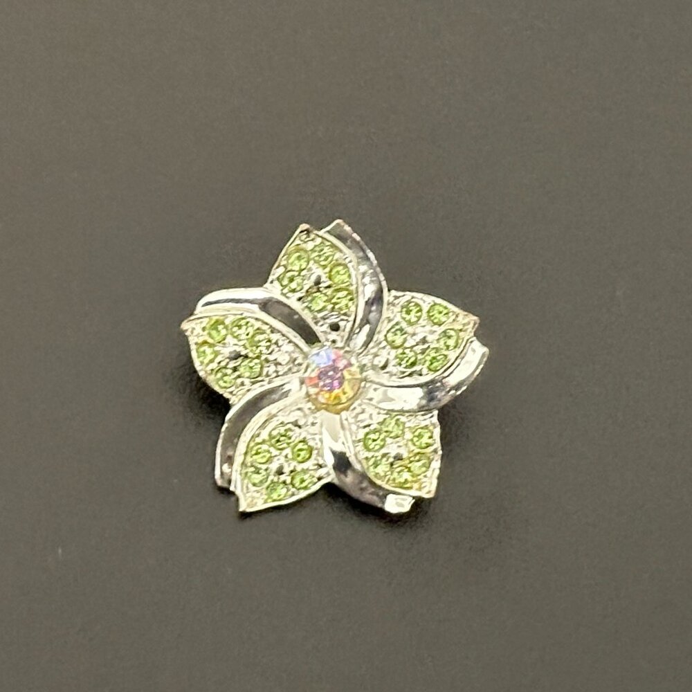 Little Sparkly Vintage Flower Brooch Pin w Green & AB Rhinestones